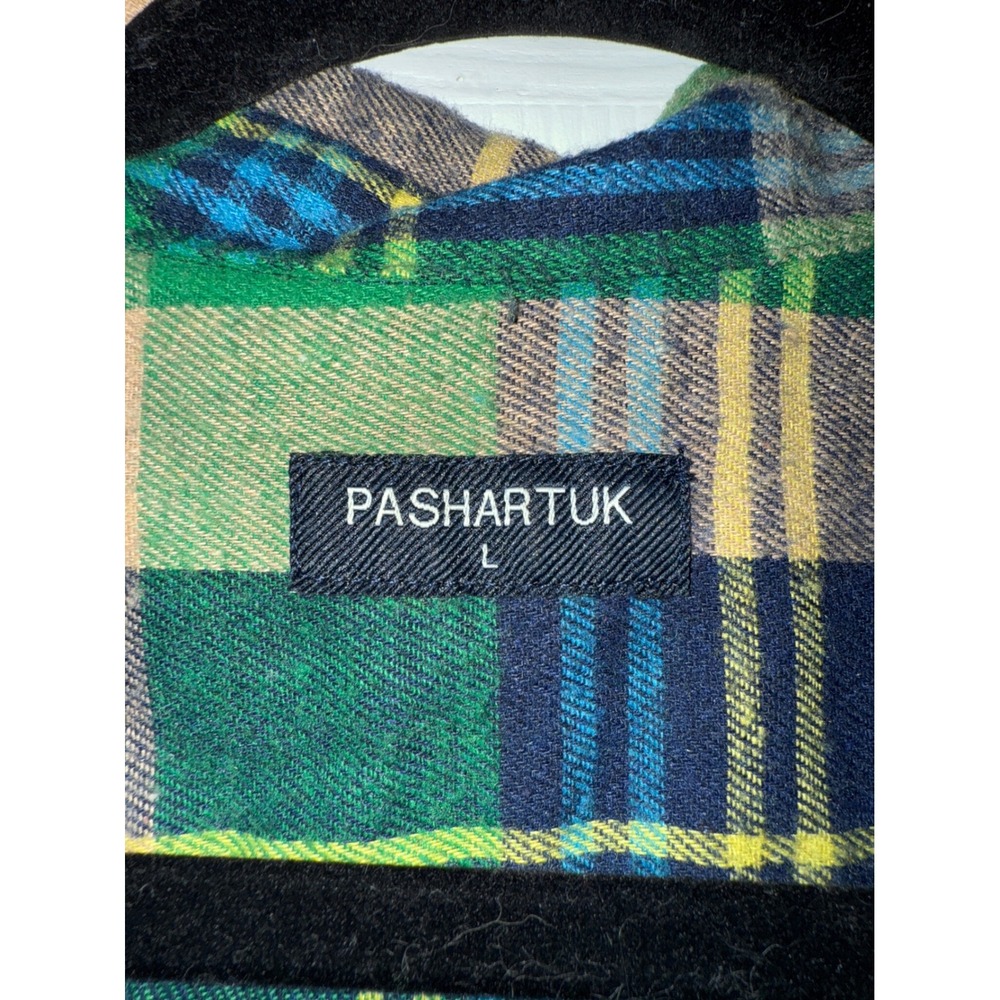 PASHARTUK Mens Large Plaid Long Sleeve Snap Front Western Shirt Green Blue Tan - Picture 3 of 10